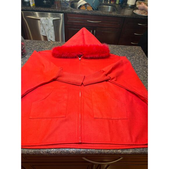 Red Zip Up Jacket Faux Fur Trim on Hood Size 2XL Runs Big NWOT - Picture 6 of 9